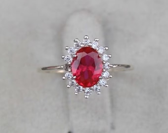 Lab Created Red Ruby Ring, Unique Anniversary Ring, Wedding Ring, Promise Ring, 925 Sterling Silver Ring, Statement Ring, Gift For Women .