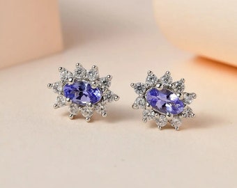 Boucles d'oreilles à tige Sunburst en tanzanite et zircon blanc en platine sur argent sterling 0,90 ct