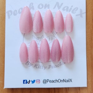 Pink Velvety Cat Eyes Press On Nails - Medium Almond - Customizable