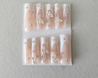 French Butterfly Press On Nails - Long Square - Customizable