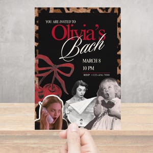 Op de afbeelding: Een zwarte uitnodiging met de tekst "Olivia's Bach" in witte letters en rode accenten. De uitnodiging bevat de datum, tijd en RSVP-informatie. Het ontwerp toont vintage afbeeldingen van vrouwen en een luipaardprint rand.