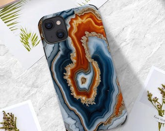 Funda estética para iPhone 11, 12, 13, 14, 15, 16, 17 / Pro/Pro Max/Plus/Mini/Air con estampado de geoda, piedra azul, naranja, ágata y mármol.