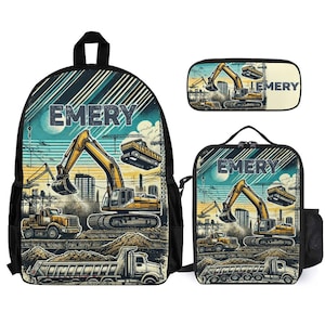 Construction Zone Site Boy Kids Backpack Set Personalized School Bag Lunchbox Pencil Case Back to School Gift Custom 3 Piece Backpack Bundle
