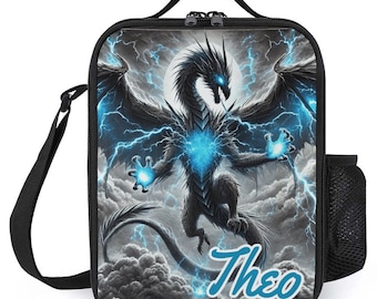 Personalisierte Lunchbag für Kinder Benutzerdefinierte Monogramm Lunch Tote mit Namen Lightening Dragon Goth Lunch Bag für das Schullager Jungen und Mädchen
