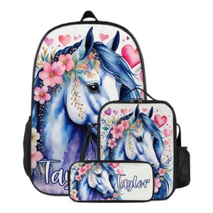 Sac à dos cheval cartable floral personnalisé pour fille cartable et boîte à lunch trousse à crayons ensemble personnalisé sac à lunch pochette à crayons pour enfants avec nom