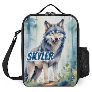 Sac à lunch personnalisé pour enfants avec monogramme personnalisé avec nom Animal loup gris dans la forêt Sac à lunch pour camp scolaire garçons et filles