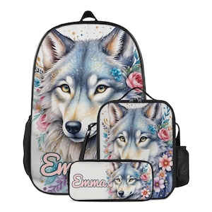 Floral Wolf Personalized Backpack Set for Kids Custom Name Schoolbag Lunch Bag Pencil Case Bookbag School Supplies Back to School Gift Girls