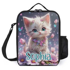 Sac à lunch personnalisé pour enfant avec monogramme personnalisé avec nom Sac à lunch pour chat aux yeux bleus et chat pour camp scolaire garçons et filles