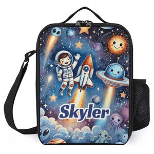 Sac à lunch personnalisé pour enfants avec monogramme personnalisé avec nom, astronaute, planètes de l'espace, sac à lunch pour camp scolaire garçons et filles