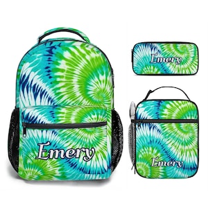 Personalized Bright Blue Lime Green Tie Dye with Name Backpack Pencil Case Lunch Bag Set for Girls Elementary Middle High School Customized