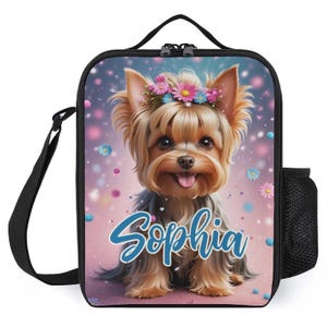 Sac à lunch personnalisé pour enfants avec monogramme personnalisé avec nom Yorkie Puppy Dog Flowers Sac à lunch pour camp scolaire garçons et filles