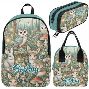 Magical Woodland Animals Custom Personalized Girls Backpack Lunch Bag Pencil Case Set Kit School Name Lunchbox Elementary Middle Teen Gift