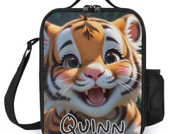 Personalisierte Lunchbag für Kinder Benutzerdefinierte Monogramm Lunch Tote mit Namen Tiger Gesicht Up Schließen Lunch Bag für das Schullager Jungen und Mädchen
