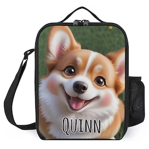 Sac à lunch personnalisé pour enfants avec monogramme personnalisé avec nom Chien de corgi chiot de près Sac à lunch pour camp scolaire garçons et filles