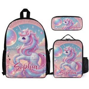Rosa Einhorn Traum Mädchen Kinder Rucksack Set Personalisierte Schultasche Lunchbox Federmäppchen Back to Schul Geschenk Benutzerdefinierte 3-teiliges Rucksack-Bundle