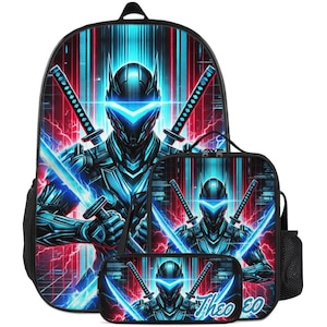 Backpack Blue Ninja Schoolbag Custom for Boys Kids Bookbag and Lunchbox Lunch Bag Pencil Case Personalized Set Back to School Bag with Name