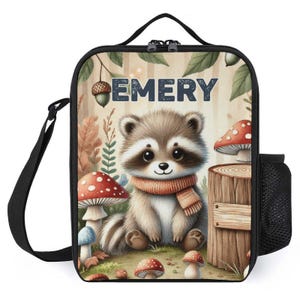 Sac à lunch personnalisé pour enfants avec monogramme personnalisé avec nom Sac à lunch champignons raton laveur des bois pour camp scolaire garçons et filles