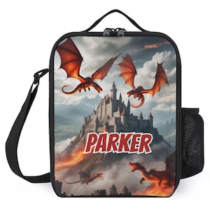 Sac à lunch personnalisé pour enfants avec monogramme personnalisé avec nom dragons cracheurs de feu Sac à lunch médiéval pour camp scolaire garçons et filles