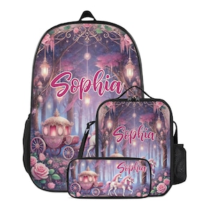 Rucksack Prinzessin Einhorn Schultasche Benutzerdefinierte Mädchen Büchertasche und Lunchbox Lunchbag Federmäppchen personalisierte Set Zurück zu Schultasche mit Name