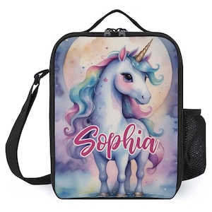 Sac à lunch personnalisé pour enfants avec monogramme personnalisé avec nom, sac à lunch magique aquarelle licorne pour camp scolaire garçons et filles