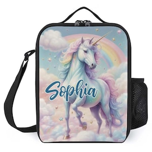 Sac à lunch personnalisé pour enfants avec monogramme personnalisé avec nom Sac à lunch licorne nuages pastel pour camp scolaire garçons et filles