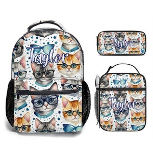 Kitty personnalisé chatons chats lunettes sac à dos nom personnalisé trousse trousse à lunch ensemble pour les filles primaire collège lycée personnalisé