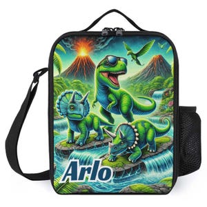 Sac à lunch personnalisé pour enfants avec monogramme personnalisé avec nom Dinosaures Park Green Dinos Lunch bag pour camp scolaire garçons et filles
