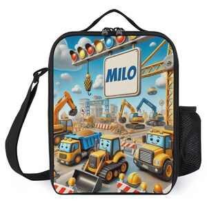 Sac à lunch personnalisé pour enfants avec monogramme personnalisé avec nom Sac à lunch pour camions de la zone de construction pour camp scolaire, garçons et filles