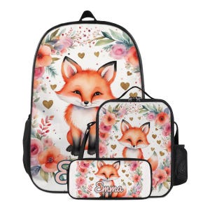 Floral Fox Personalized Backpack Set for Kids Custom Name Schoolbag Lunch Bag Pencil Case Bookbag School Supplies Back to School Gift Girls
