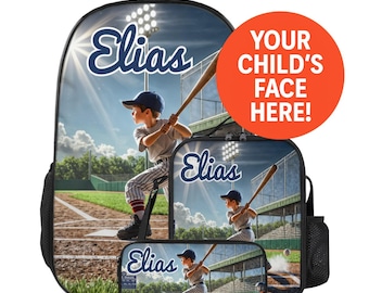 Custom Photo Kids Backpack Lunchbox Lunch Bag Pencil Case Set Personalized Name Face Swap Gift Back to School Boy Toddler Baseball Pitch