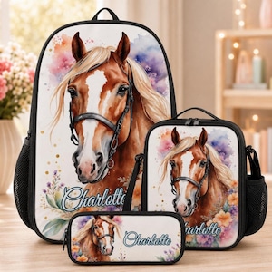Conjunto de mochila personalizada con diseño de caballo para niños. Mochila escolar con nombre personalizado, bolsa para el almuerzo, estuche para lápices, mochila para libros. Material escolar. Regalo de regreso a clases para niños y niñas.