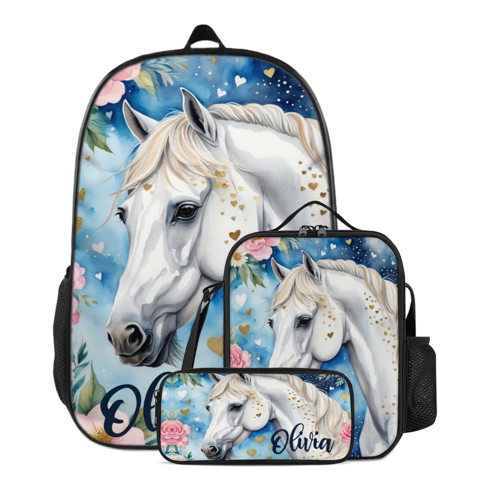 Schulrucksack Für Kinder & Teenager – Personalisierbar Mit Weißem Pferd, 40x28,5x17 Cm, Uni-Größe