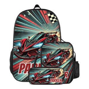 Backpack Sports Racecar Schoolbag Custom for Boys Bookbag and Lunchbox Lunch Bag Pencil Case Personalized Set Back to School Bag with Name