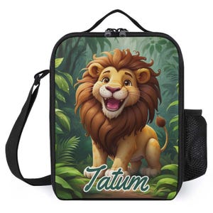 Sac à lunch personnalisé pour enfants avec monogramme personnalisé avec nom Happy Lion in the Jungle Sac à lunch pour camp scolaire garçons et filles