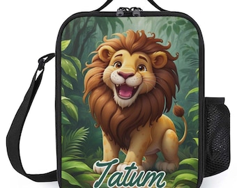 Personalisierte Lunchbag für Kinder Benutzerdefinierte Monogramm Lunch Tote mit Namen Glücklicher Löwe im Dschungel Lunch Bag für das Schullager Jungen und Mädchen