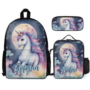 Aquarell Einhorn Mädchen Kinder Rucksack Set Personalisierte Schultasche Lunchbox Federmäppchen Zurück zu Schulgeschenk Benutzerdefinierte 3-teiliges Rucksackbündel