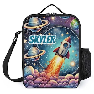 Sac à lunch personnalisé pour enfants avec monogramme personnalisé avec nom Sac à lunch spatial de fusée pour camp scolaire garçons et filles