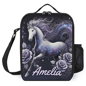 Sac à lunch personnalisé pour enfants avec monogramme personnalisé avec nom Joli cheval violet floral sac à lunch pour camp scolaire garçons et filles