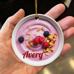 Custom Frozen Yogurt Topped with Berries, Granola Health Breakfast Personalized Christmas Food Ornament Gift (Flat Design, NOT 3D)