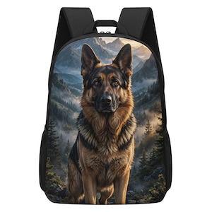 May include: A black backpack featuring a printed graphic of a German Shepherd dog standing in a mountain forest landscape. The backpack has black shoulder straps and black mesh side pockets, with a central zip closure at the top of the bag.