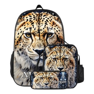 Personnalisé léopard guépard animal design nom personnalisé sac à dos trousse à crayons sac à lunch ensemble pour préscolaire tout-petit école primaire personnalisé