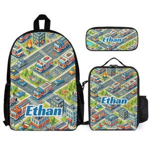 Transportation Vehicles Kids Backpack Set Personalized School Bag Lunchbox Pencil Case Back to School Gift Custom 3 Piece Backpack Bundle
