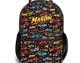Sportscars Racing Flags Racecar Design Speeding Race Cars Patroon Gepersonaliseerde schoolrugzak, aangepaste boekentas voor kinderen, terug naar schooltas