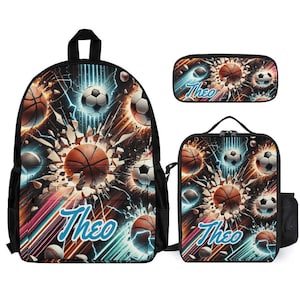 Sports Soccer Basketballs Kids Backpack Set Personalized School Bag Lunchbox Pencil Case Back to School Gift Custom 3 Piece Backpack Bundle