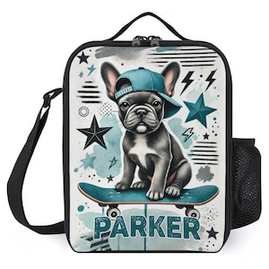 Sac à lunch personnalisé pour enfants avec monogramme personnalisé avec nom Bouledogue français sur un skateboard Sac à lunch pour camp scolaire garçons et filles
