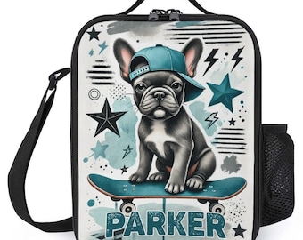 Personalisierte Lunchbag für Kinder Benutzerdefinierte Monogramm Lunch Tote mit Namen Französische Bulldogge auf Skateboard Lunch Bag für das Schullager Jungen und Mädchen