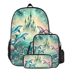 Dolphins Personalized Backpack Set for Kids Custom Name Schoolbag Lunch Bag Pencil Case Bookbag School Supplies Back to School Gift Girls