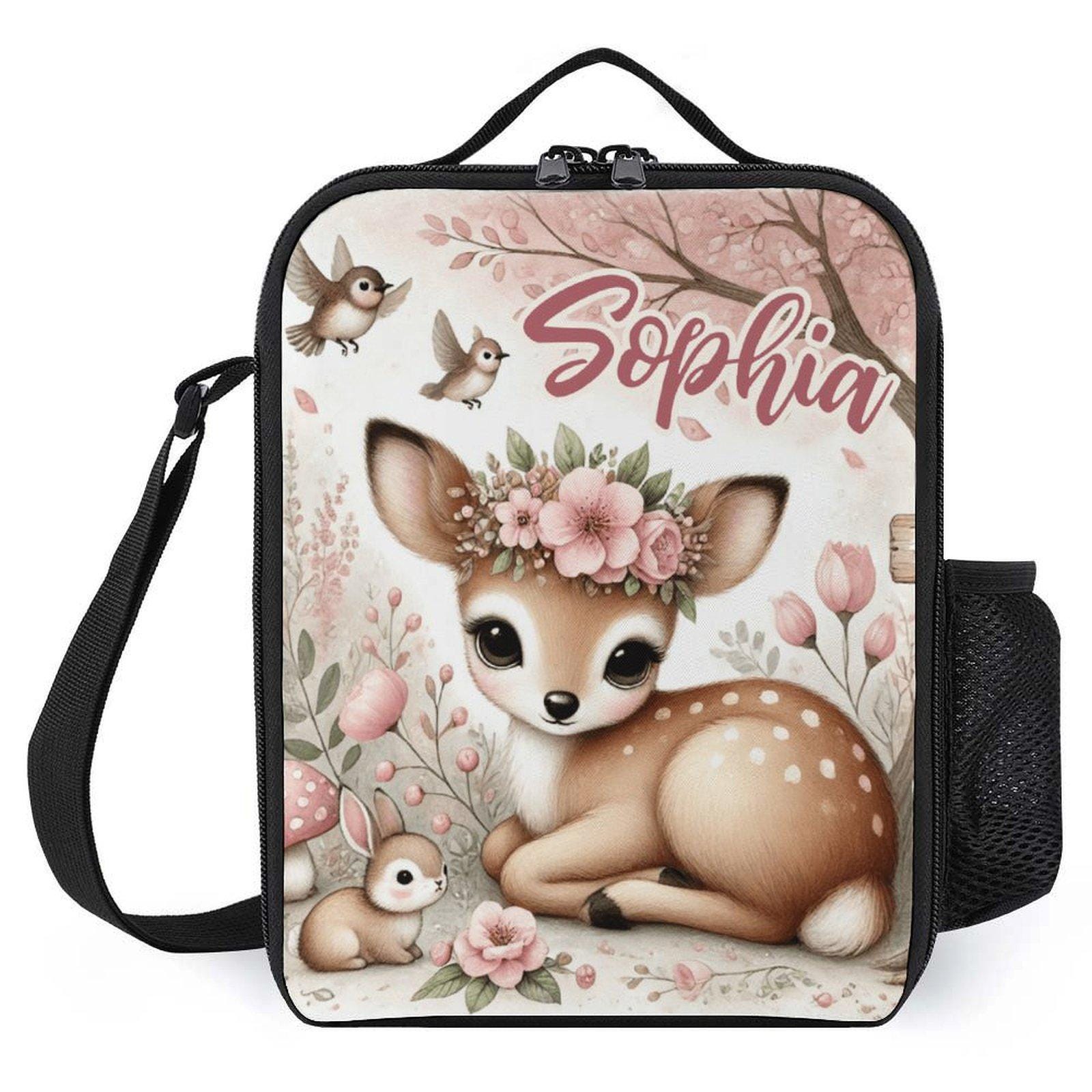 Personalized Lunchbag for Kids Custom Monogrammed Lunch Tote with Name Baby Deer Woodland Animal Lunch Bag for School Camp Boys & Girls