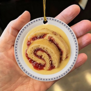 Personalized Ornament GB Jam Roly-Poly Sponge Cake, Custard & Strawberry Jam, British Dessert Custom (Flat Image Design Printed on Ceramic)