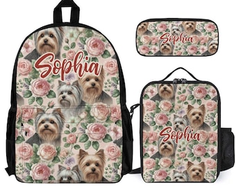 Yorkies and Roses Girls Kids Backpack Set Personalized School Bag Lunchbox Pencil Case Back to School Gift Custom 3 Piece Backpack Bundle